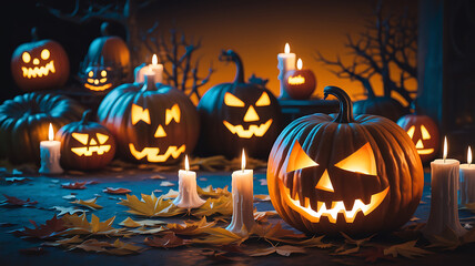 Fototapeta premium Jack-o'-lanterns and candles, Halloween scene. 