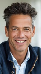 A cheerful man expresses warmth and confidence in a casual atmosphere