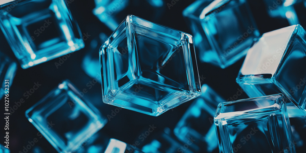 Poster many translucid cubes floating in the air with blue lighting