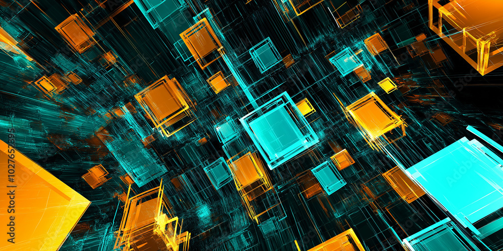 Poster Abstract technology background with transparent cubes floating in perspective