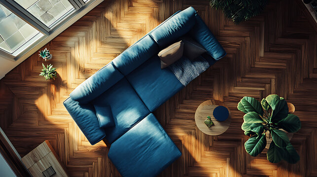 Blue sofa and parquet floor in a boho-inspired living room from above
