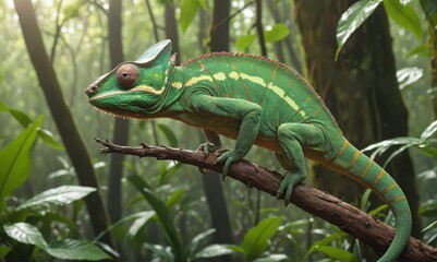 Fototapeta premium Close-Up of Chameleon Resting on branch in Lush Jungle Dense Wild Tropical Forest environment
