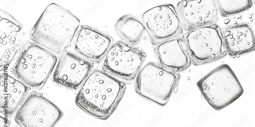 Poster ice cubes floating in water with bubbles on white background