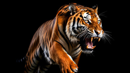 Fototapeta premium Majestic tiger roars with power and intensity. Roaring tiger isolated of black background.
