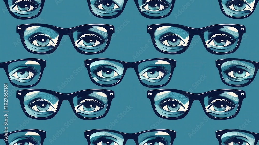 Poster colorful eyeglasses are creatively displayed against a unique backdrop filled with various stylized 