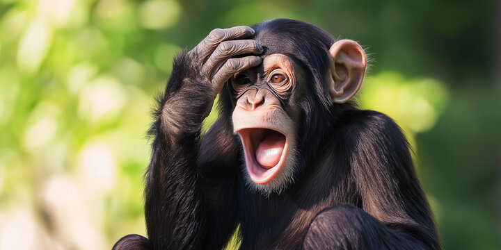 Young chimpanzee holding its head and yawning widely