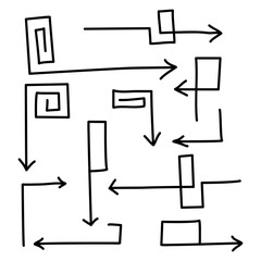 Curve shape lines with arrows. Square, rectangle, labyrinth. Flat vector line illustration, eps10