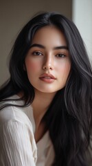 Naklejka premium A young woman poses gracefully in soft natural light, showcasing her beauty