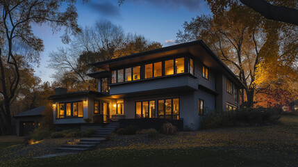Obraz premium Modern house exterior with lights glowing at twilight in autumn