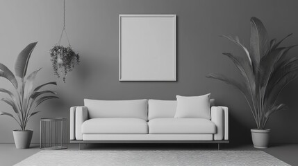 A simple monochrome living room with a sofa, two potted plants, and a blank framed picture hanging on the wall.