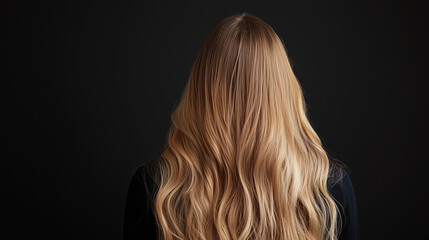 Naklejka premium A back view of a young woman with long, flowing hair fluttering naturally, symbolizing organic beauty and hair care. photo