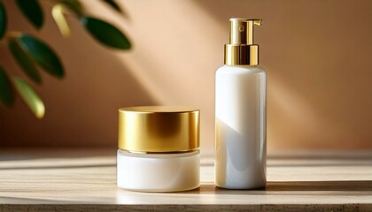 Naklejka premium Close-up of luxurious skincare products with gold caps and white packaging, exuding elegance and sophistication in beauty care.