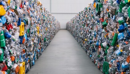 A path between stacks of recycled plastic bottles in a waste management facility.