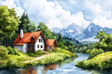 Fototapeta premium A serene cottage by a river, surrounded by mountains and lush greenery.