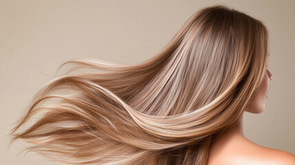 Fototapeta premium A back view of a young woman’s hair blowing in the breeze, highlighting the organic essence of beauty and hair care. photo