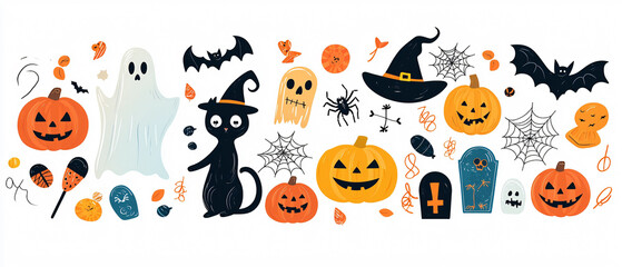 Obraz premium Halloween themed decorations featuring pumpkins, ghosts, bats, and black cat create festive atmosphere. Perfect for celebrating spooky season!