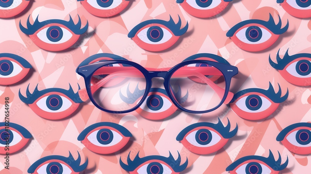 Aufkleber A pair of modern eyeglasses rests prominently on a playful background featuring colorful, stylized eyes, creating a trendy visual theme. Generative AI