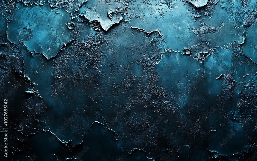 Poster a textured blue and dark surface featuring peeling layers, creating a grunge aesthetic with depth an