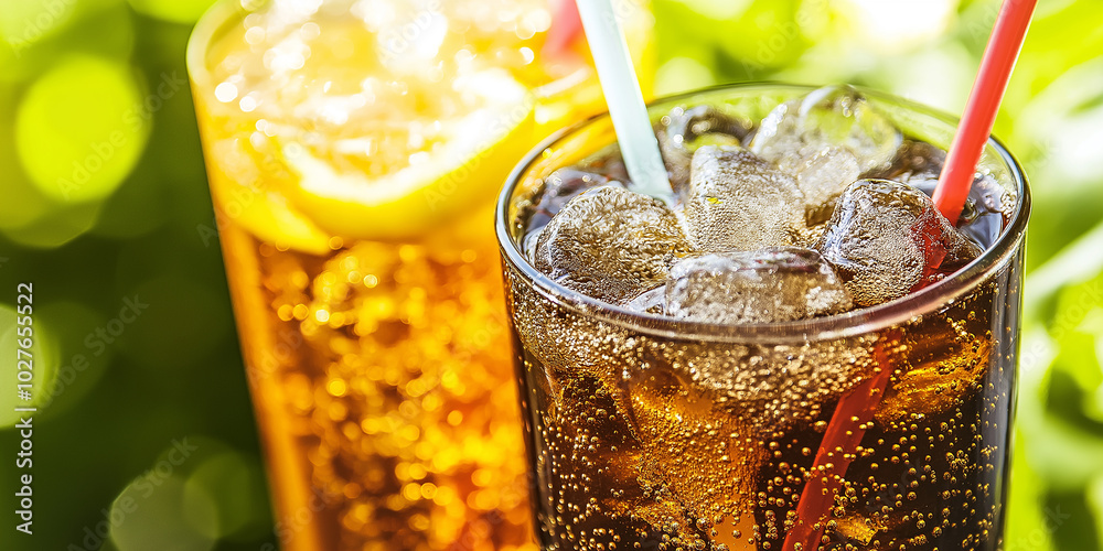 Wall mural refreshing ice cold soda with straws on summer day