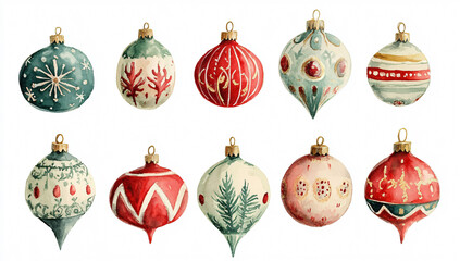 Vintage Christmas ornaments in various colors and designs, showcasing intricate patterns and festive themes. Perfect for holiday decor and seasonal celebrations
