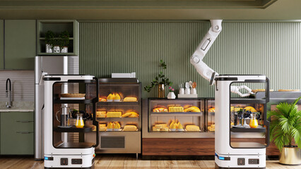 Robots help manage and transport food and deliver it to customers,kitchen interior design- 3D rendering