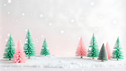 Obraz premium Miniature colorful Christmas trees in a snowy landscape with falling snowflakes and soft pastel background and copy space