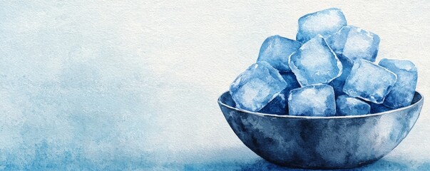 Bowl of ice cubes on a blue background, perfect for refreshing beverages.
