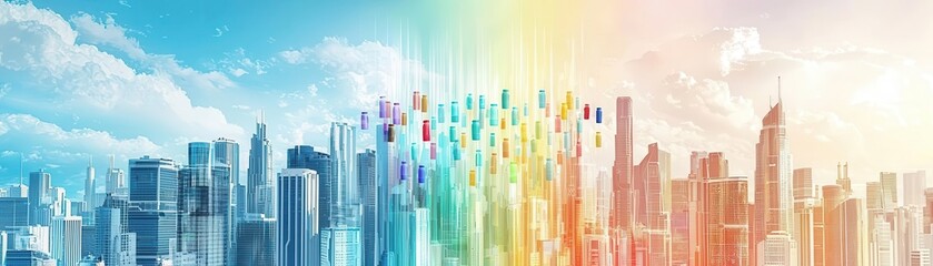 Fototapeta premium A digital illustration showcasing a futuristic cityscape where Eco-friendly Reusable Water Bottles rain down like a vibrant rainbow, creating a striking contrast