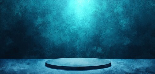 Circular podium with blue textured background and dramatic lighting.