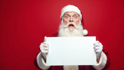 Naklejka premium Surprised Santa Claus making a shocked face while holding a blank white sign on a red background. Christmas promotions, discounts, sale. Copy space. Mock up