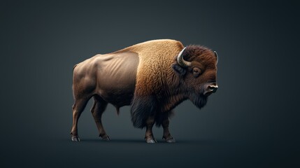 High-detail portrait of a bison standing still, emphasizing its powerful frame and thick fur