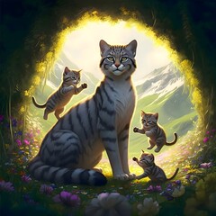 Obraz premium Enchanted Forest Kittens and Wise Mother Cat