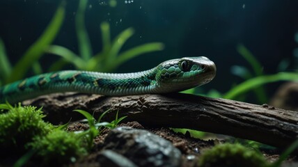 Obraz premium A green snake with yellow spots is perched on a log in a tropical rainforest environment, with green plants and moss surrounding it. The snake's head is 