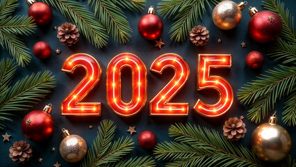 Bright New Year's composition with the numbers 2025 surrounded by pine branches, decorations and cones conveys the festive spirit of the season