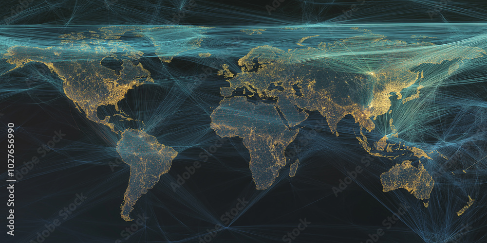 Poster Abstract world map depicting global network and data exchange