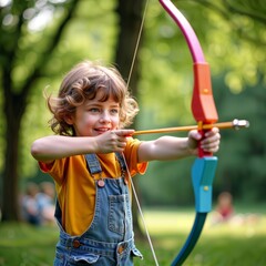 Young archer. Smiling child in orange shirt and overalls practices archery with colorful bow in sunny outdoor setting.