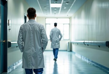 Fototapeta premium Hospital Hallway. Two doctors in white coats walk away down a long, empty hospital corridor with fluorescent lighting.