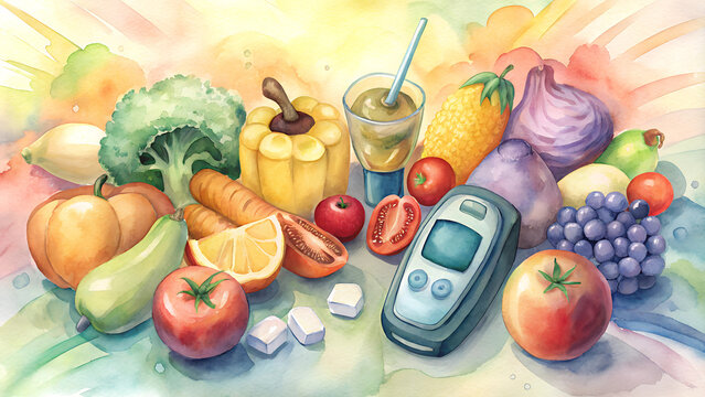 Colorful watercolor illustration of healthy food items and a glucose meter representing diabetes management with copy space