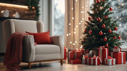 Cozy Christmas Living Room with Armchair and Presents.