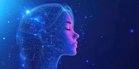  Futuristic digital human face, filled with glowing lines and nodes, symbolizing artificial intelligence, neural networks, and the convergence of human and technology.