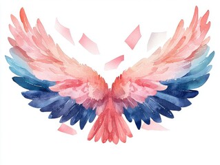 Obraz premium Colorful watercolor wings blending shades of pink and blue, white isolate background.