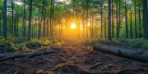  Aftermath of windstorm in European forest: Uprooted trees and broken branches scattered across forest floor, with once dense woodland now opened up by force of storm.