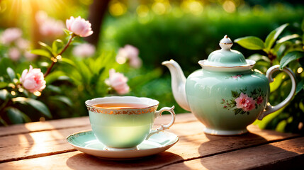 Fototapeta premium A teapot, a mug of tea and a saucer on a wooden table in the garden on a background of flowers