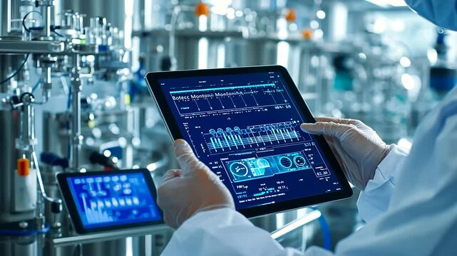 A close-up of a technician&rsquo;s hands adjusting sensors and valves on a bioreactor vessel, with live biotech monitoring data on a tablet screen beside the equipment_