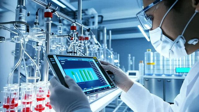 A close-up of a bioreactor vessel with a transparent casing, filled with a glowing culture medium, as a technician adjusts digital settings on a nearby tablet, emphasizing biotech innovation_