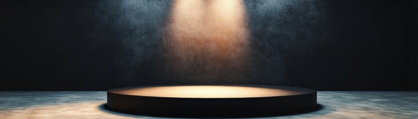 Empty stage with spotlight on a circular platform, dark background.