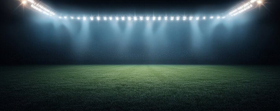 Empty football field illuminated by stadium lights in a night setting.