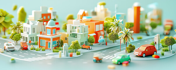 Carbon neutral city street with electric vehicles and sustainable urban design, 3D illustration