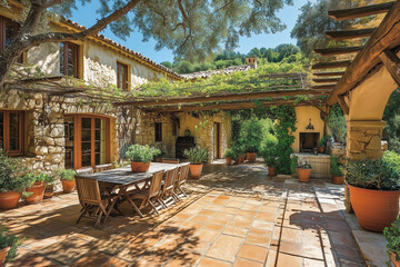 Obraz premium A European rustic farmhouse's outdoor area typically reflects the harmonious blend of nature and traditional design, with features that emphasize the simplicity and beauty of rural life. 