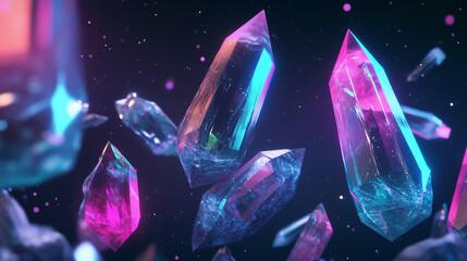 Bright Fluorescent Crystals In Space Vibrant Digital Gemstones Floating In Abstract Background